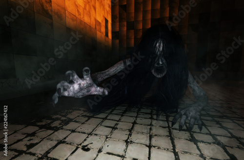 Bilde på lerret Dark room,Ghost woman in abandoned house,3d illustration