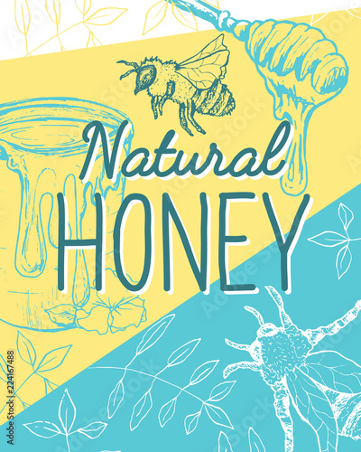 Isolated Poster with bee and fresh honey. Sketch with hexagon honeycomb and spoon for gathering. Label or brochure for healthy nutrition market or shop, store with beeswax. Insects food retail theme