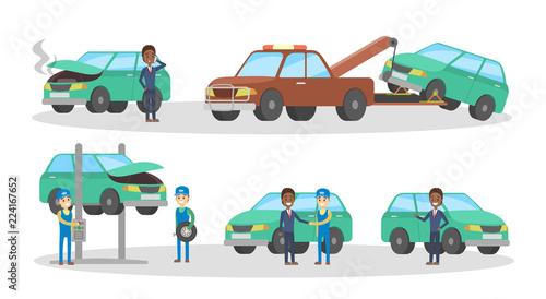 Car service set. Mechanics repair broken automobile