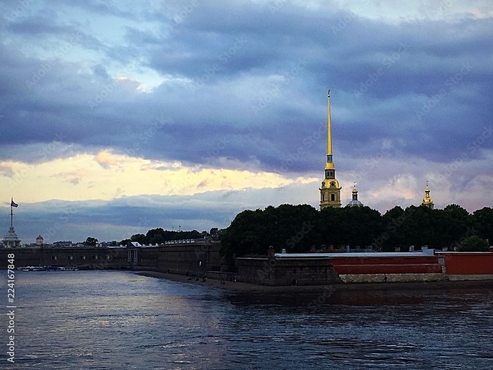 Petersburg. Neva river and view of Peter and Paul fortress at sunset