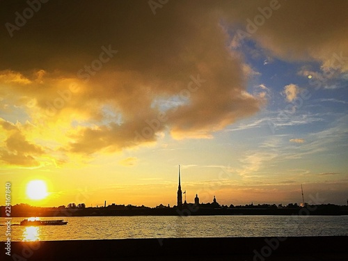 Petersburg. Neva river and view of Peter and Paul fortress at sunset