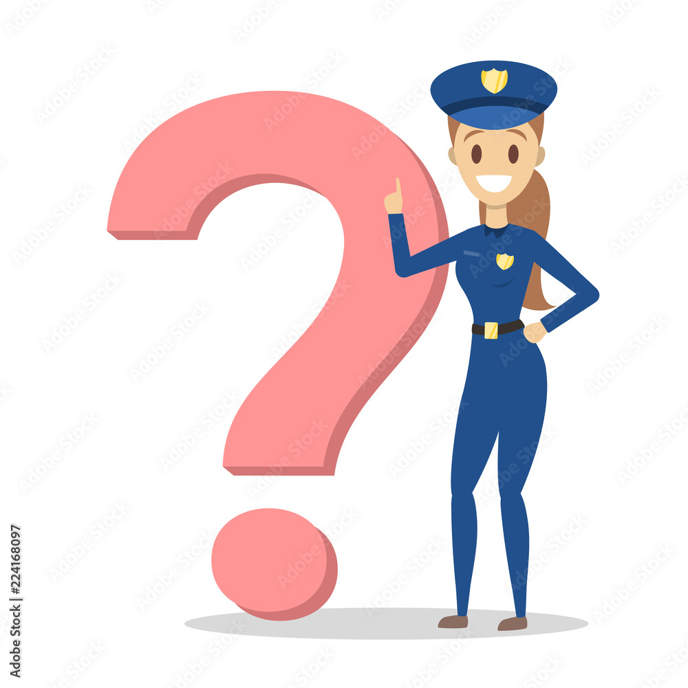 Police officer standing at the question mark Police officer standing at the question mark
