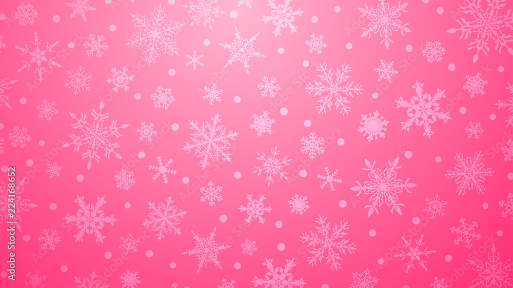 Christmas illustration with various small snowflakes on gradient background in pink colors