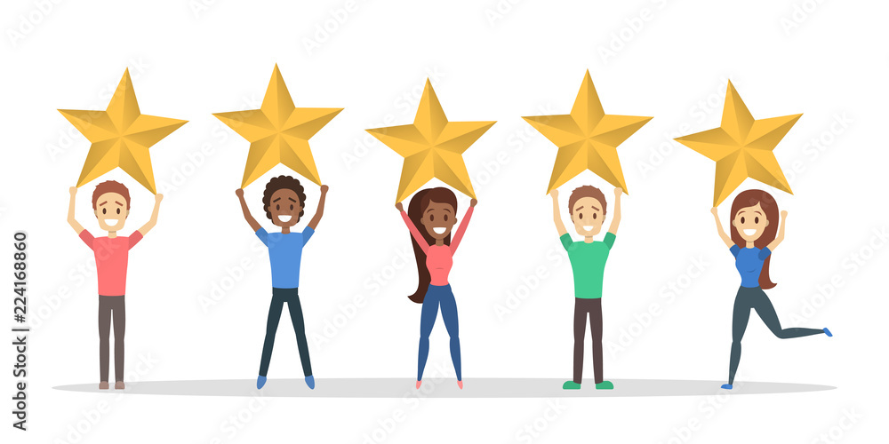 Happy satisfied people holding 5 huge golden stars Happy satisfied people holding 5 huge golden stars