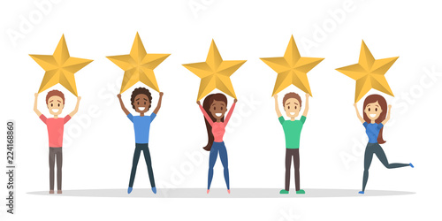 Happy satisfied people holding 5 huge golden stars