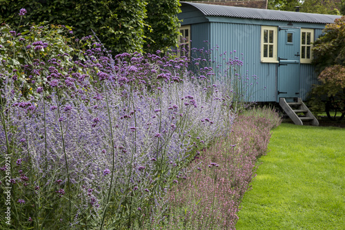 Garden with lawn, flowerbed with lavender and blue vardo in the background. photo