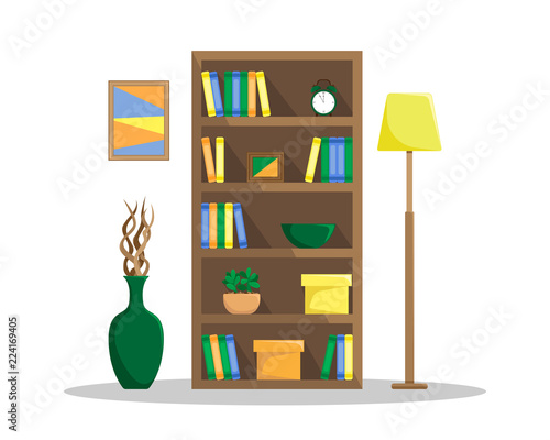 Flat illustration of a cozy bookcase with books, clock, plants and boxes. The floor lamp and the vase with driftwood..