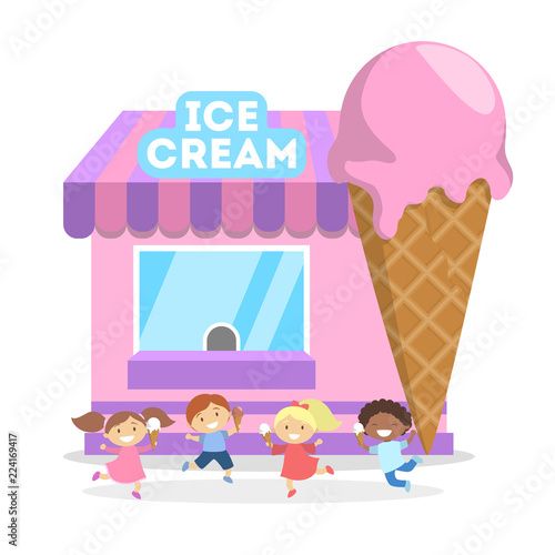 Children running in front of ice cream shop.