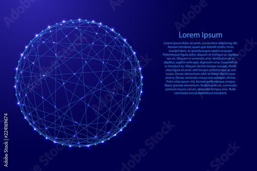 Wireframe d sphere from futuristic polygonal blue lines and glowing stars for banner, poster, greeting card. Vector illustration.
