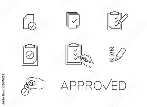 Document approve icons. Vector editable line style.
