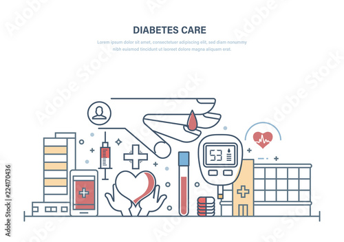 Diabetes care. Diabetes test, treatment, medical research, healthcare, prevention, lifestyle.