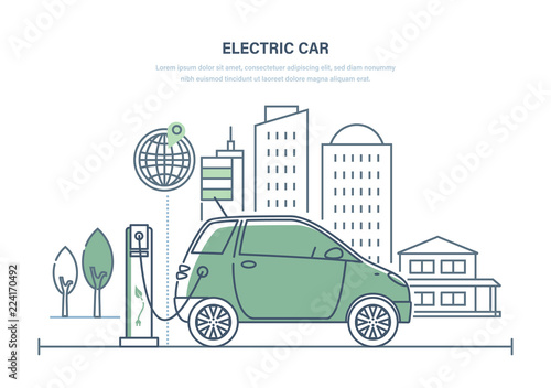 Electric car, machine, charging at gas station. Ecologically clean city.