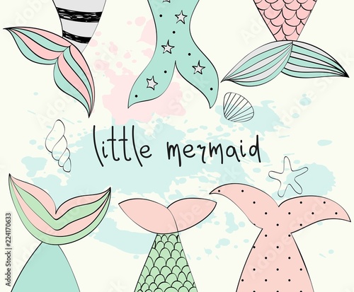 Vector hand drawn illustration with mermaid tails