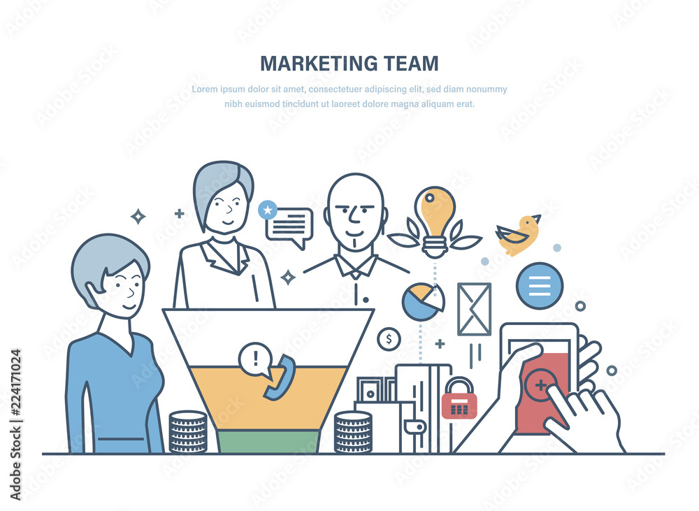 Marketing office team. Teamwork collaboration, statistical and economic research.