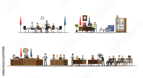 Court interior with courtroom and offices set