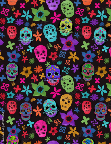 Fondo negro con calaveras de colores 