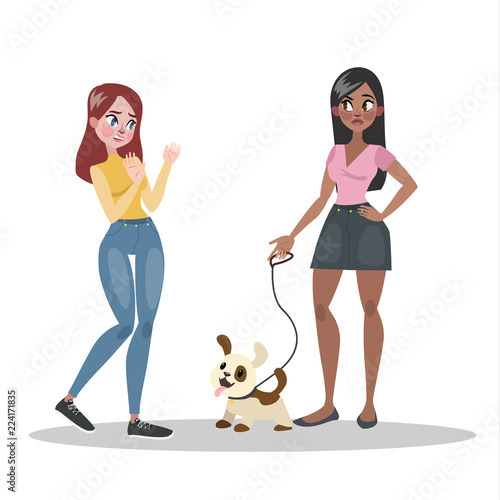 Woman is afraid of small friendly pet dog.
