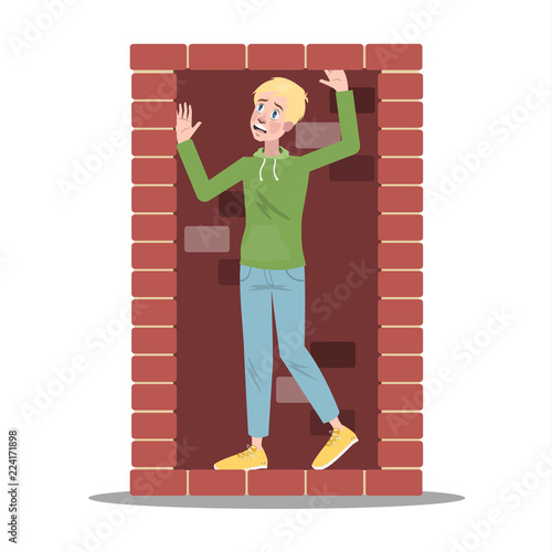 Scared man is locked in small closed place.