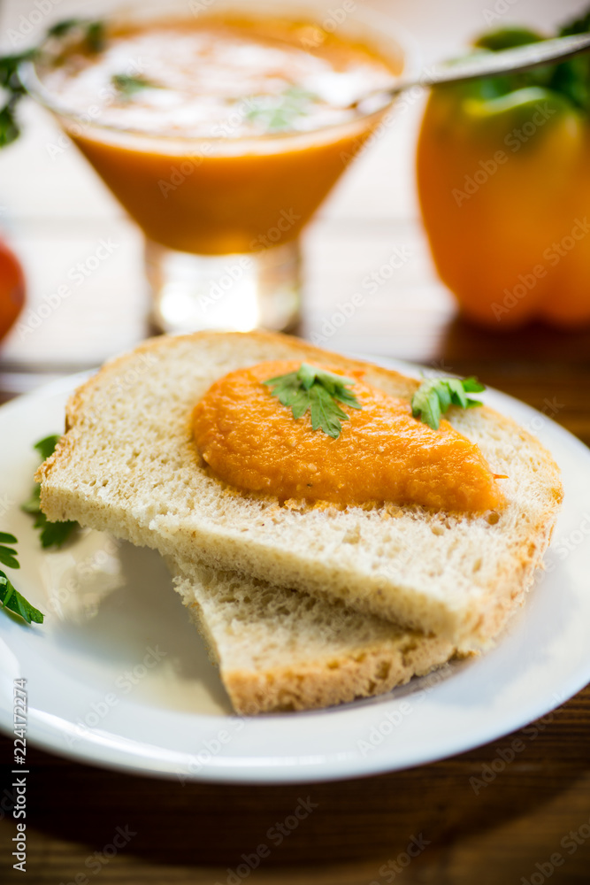 Homemade caviar of vegetables on a slice of bread Homemade caviar of vegetables on a slice of bread