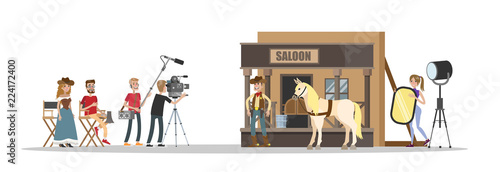 Shooting western movie with cowboy at the saloon