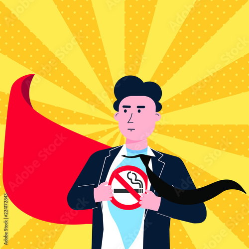 Young male man tears shirt and shows t-shirt with no smoking sign icon flat style design vector illustration isolated white background. Concept super hero No smoking man template. The city needs him.