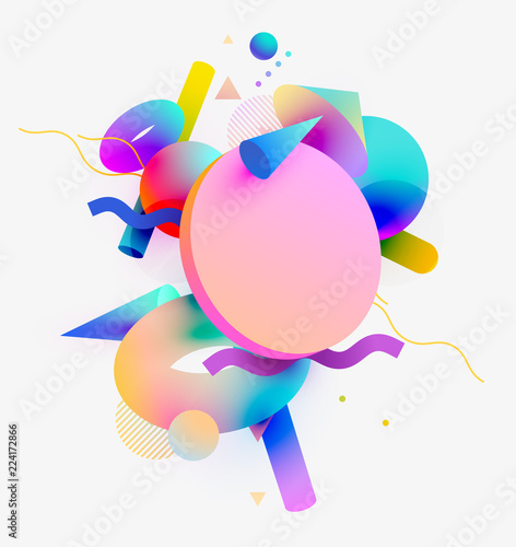 Composition  of 3D  primitive geometric shapes. Colorful poster design.