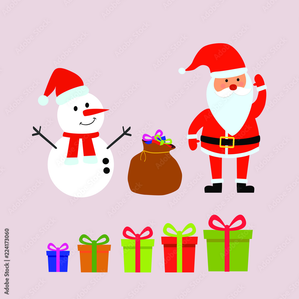 Merry Christmas and happy new year greeting Santa Claus, gift bag, reindeer, snowman, gift box set isolated on background vector illustration