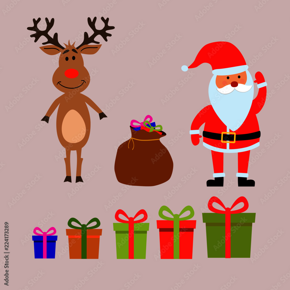 Merry Christmas and happy new year greeting Santa Claus, gift bag, christmas deer, gift box set isolated on background vector illustration