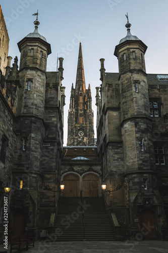 The Hub seen through New College Edinburgh University courtyard