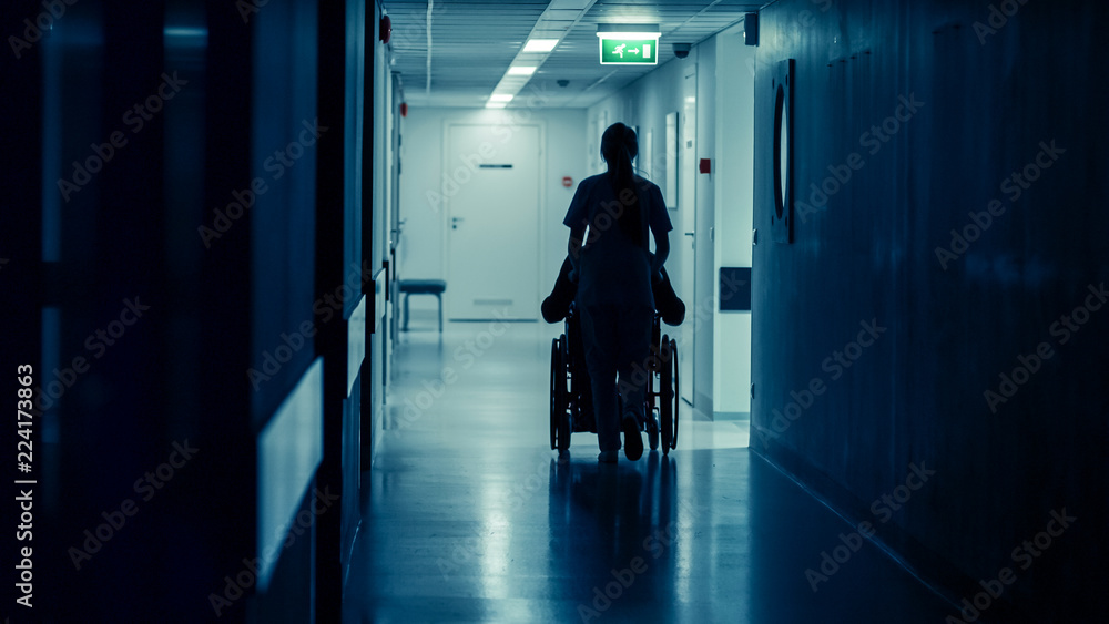 Silhouette of the Female Nurse Moving Patient in the Wheelchair in the End of Hospital Corridor. Doing Procedures. Bright Modern Hospital with Friendly Staff.