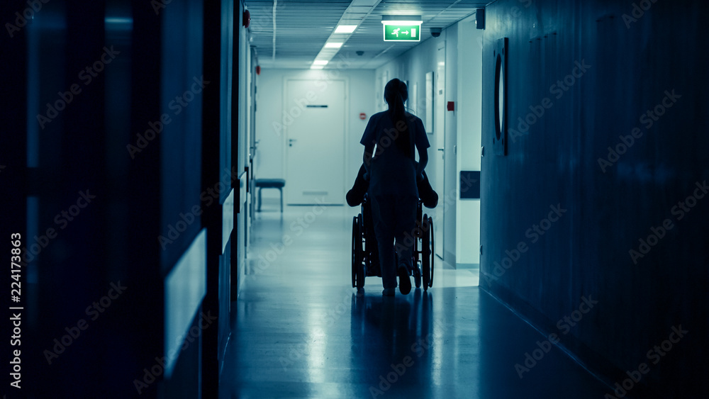 Silhouette of the Female Nurse Moving Patient in the Wheelchair in the End of Hospital Corridor. Doing Procedures. Bright Modern Hospital with Friendly Staff.