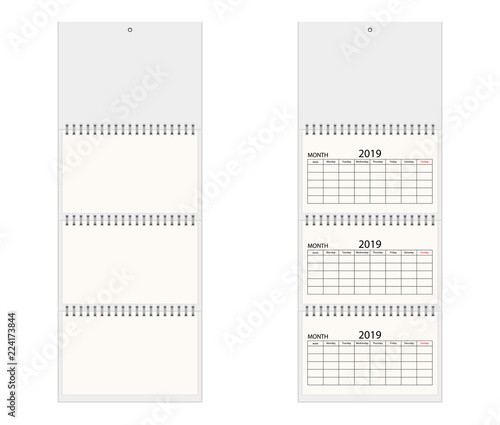 Blank wall calendar 2019, card for your design. Mock up, vector.