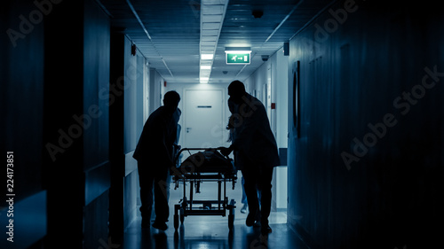Emergency Department: Silhouettes of Doctors, Nurses and Paramedics Run and Push Gurney / Stretcher with Seriously Injured Patient towards the Operating Room. Modern Hospital with Professional Staff.