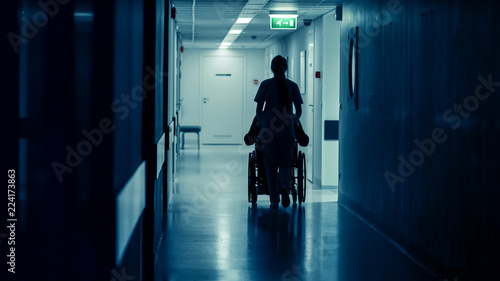 Silhouette of the Female Nurse Moving Patient in the Wheelchair in the End of Hospital Corridor. Doing Procedures. Bright Modern Hospital with Friendly Staff.