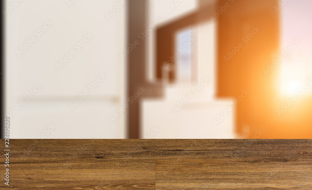 Fototapeta premium blank wooden table. Flooring. Bathroom interior bathtub. 3D rendering.. Sunset
