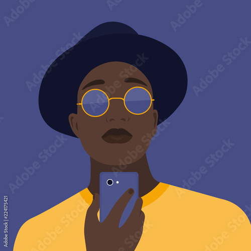 Portrait of a man with a phone. Addiction on the smartphone and the Internet. Social networks. Vector Flat Illustration