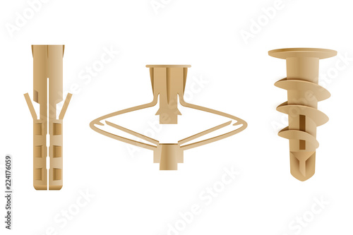 Set of different nylon dowels, fixture collection, isolated on white