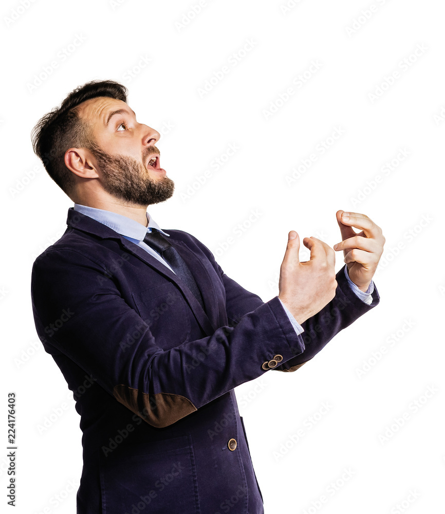 Emotional dialogue of a man in a suit. Portrait of a bearded man on isolated white background. Emotional dialogue of a man in a suit. Portrait of a bearded man on isolated white background.