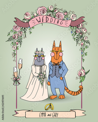 Cute couple of cats. wedding invitation card  with pink roses. bride & groom cartoon Vector template set   photo