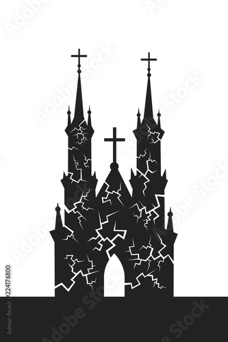 Disintegration of Christian sacral building - cathedral and church with spires and towers. Collapse and decline of Christianity and Christendom. Vector illustration