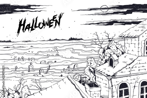 Sketch spooky landscape cemetery and old abandoned Gothic mansion. Moonlit night on all saints day, mystical fog over the tombstones and crosses. Vector Halloween party illustration.