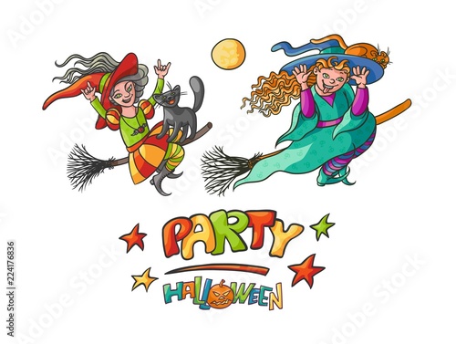 Set girls witches on broom with cats for Children party Halloween. Illustration cheerful humorous young magician and pet to all saints day. Bright vector charmers pointed hats flying and build faces