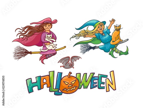 Set girls enchantress on broom with cats for Children party Halloween. Illustration cheerful humorous young magician and pet to all saints day. Vector charmers pointed hats flying and build faces