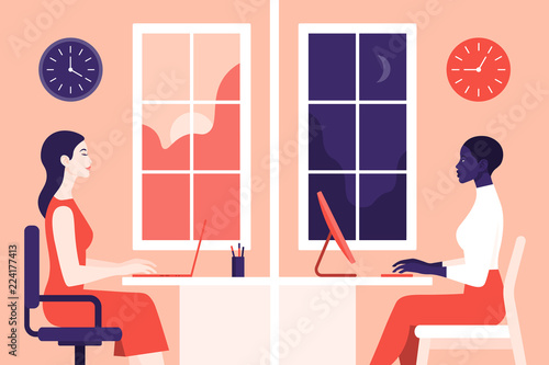 Girls work in the office. Women in profile sit in different rooms. Day and night. Different time zones. Vector Flat Illustration