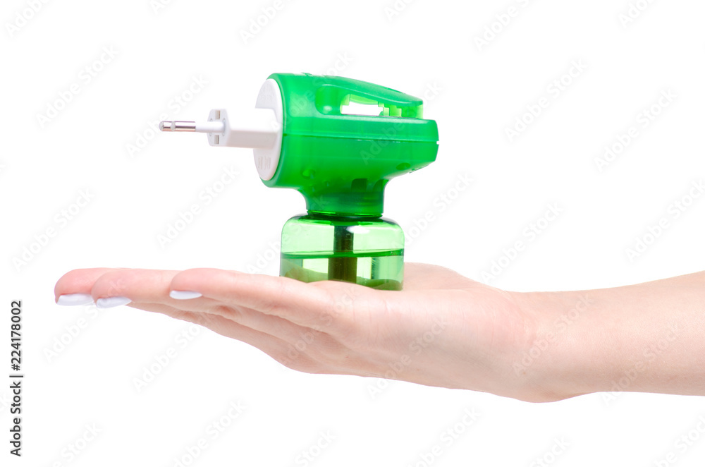 Protection against mosquitoes insects in hand on white background isolation Protection against mosquitoes insects in hand on white background isolation