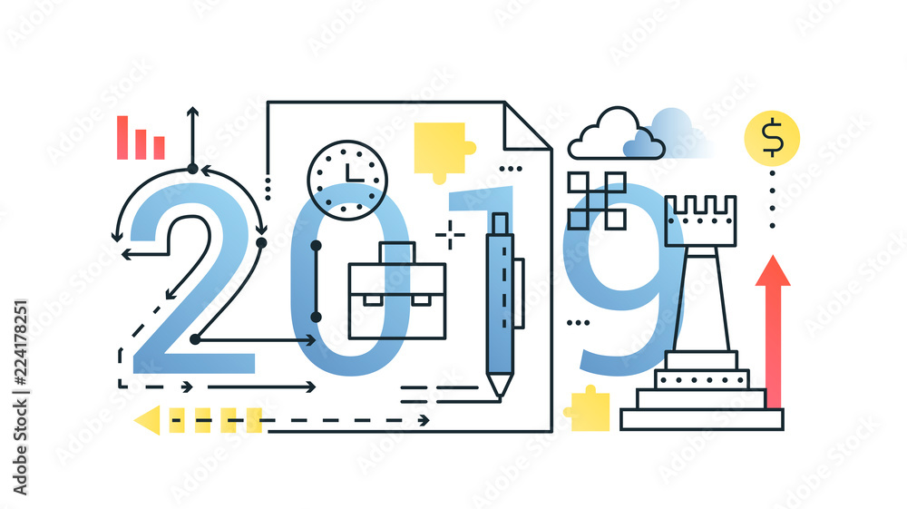 Business 2019 word trendy composition concept banner. Outline stroke finance, money, strategy, planning. Flat line icons lettering typography.