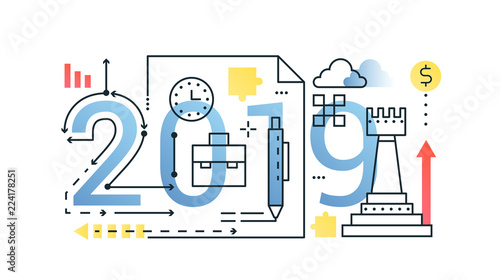 Business 2019 word trendy composition concept banner. Outline stroke finance, money, strategy, planning. Flat line icons lettering typography. © lembergvector