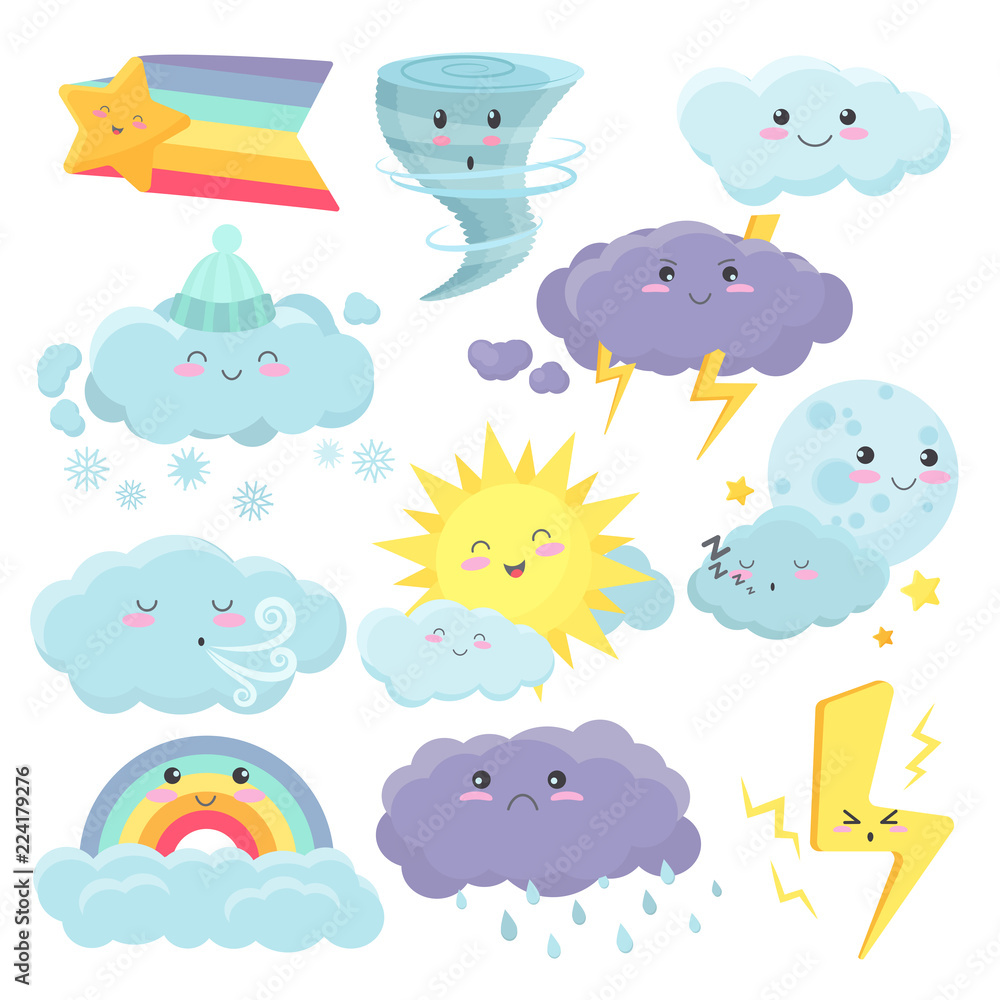 Set of cute weather icons with different emotions expression. Vector weather cartoon vidgets stickers set. Stock Vector | Adobe Stock Set of cute weather icons with different emotions expression. Vector weather cartoon vidgets stickers set. Stock Vector | Adobe Stock