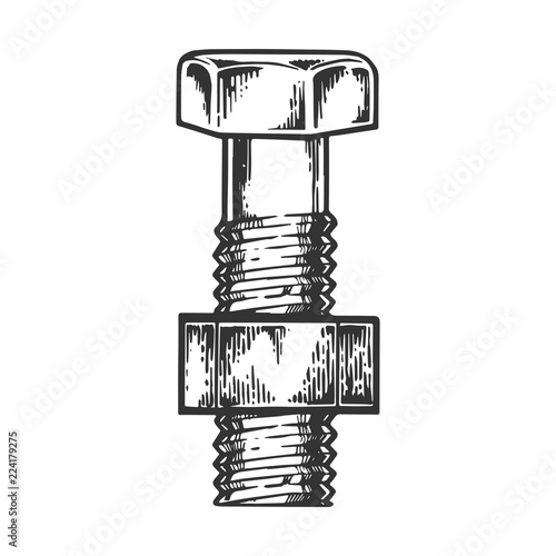 Bolt and screwed nut engraving vector illustration. Scratch board style imitation. Black and white hand drawn image.