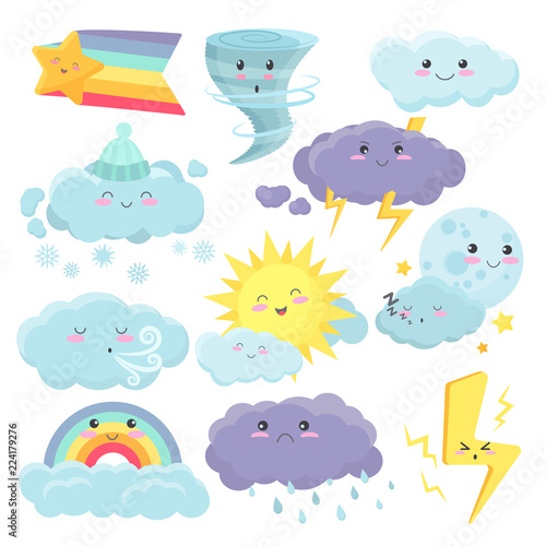 Set of cute weather icons with different emotions expression. Vector weather cartoon vidgets stickers set.